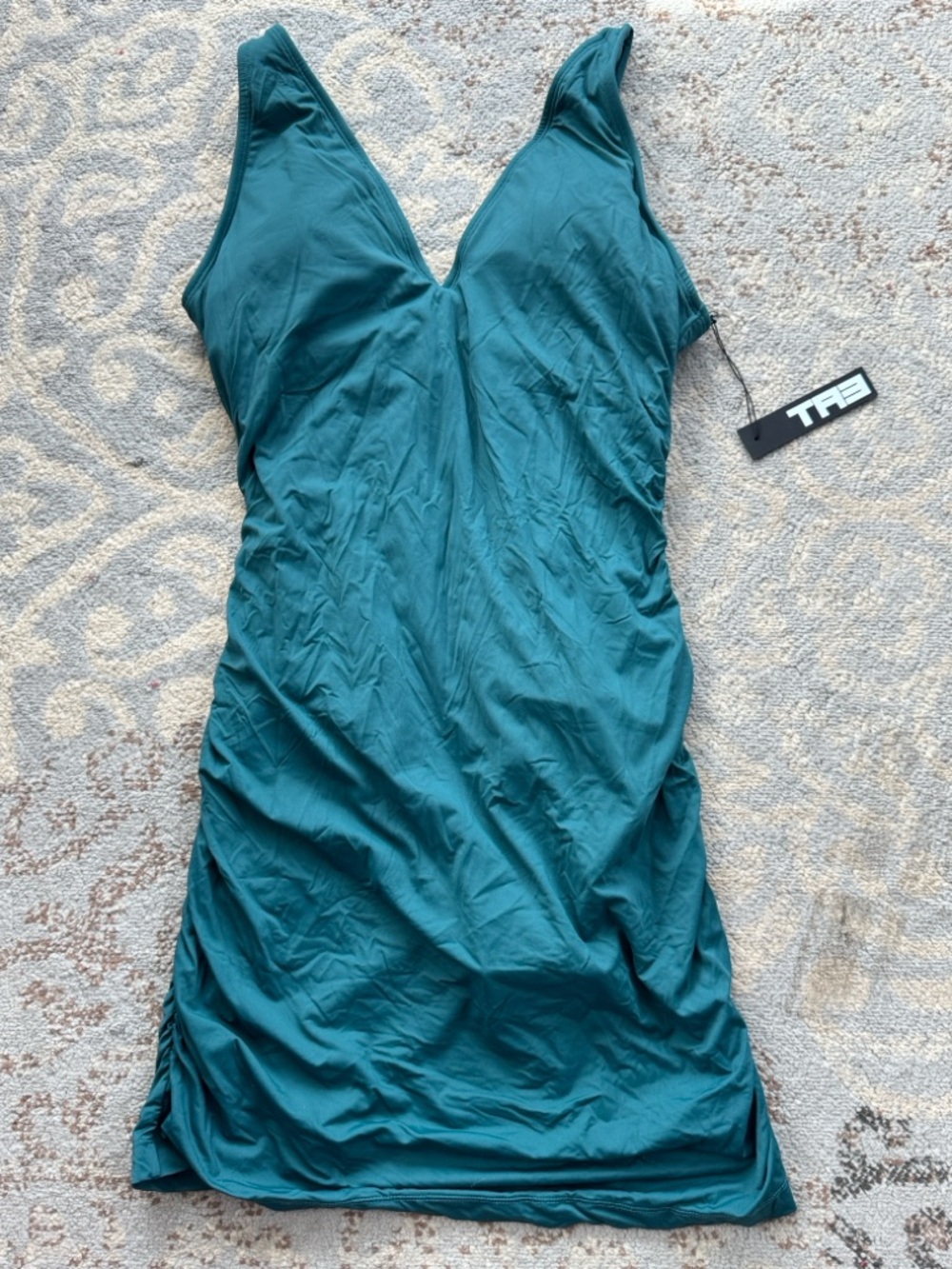 TA3 Plungey Swim Dress Lace Up Snatched Corset Back Peacock XL Regular/ Long